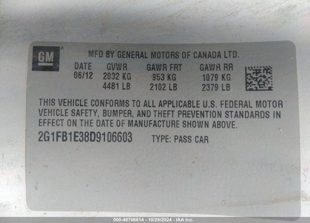 2013 CHEVROLET CAMARO 1LT VIN: 2G1FB1E38D9106603