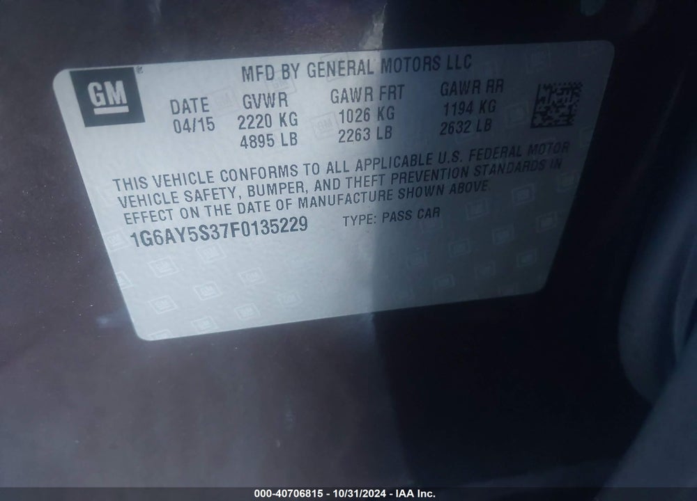 2015 CADILLAC CTS PERFORMANCE VIN: 1G6AY5S37F0135229