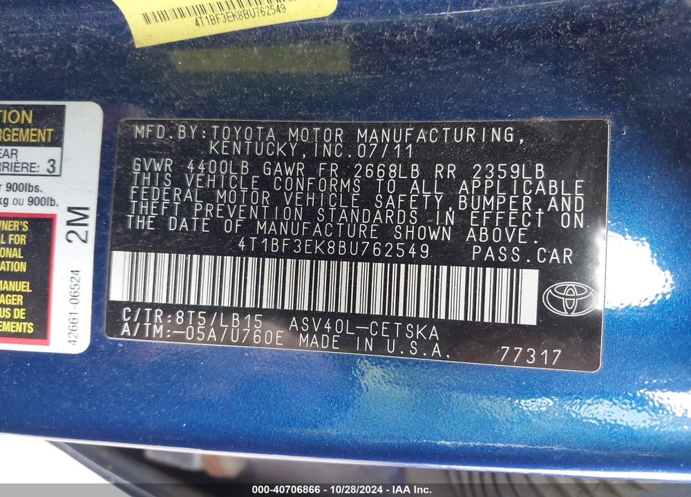 2011 TOYOTA CAMRY SE VIN: 4T1BF3EK8BU762549