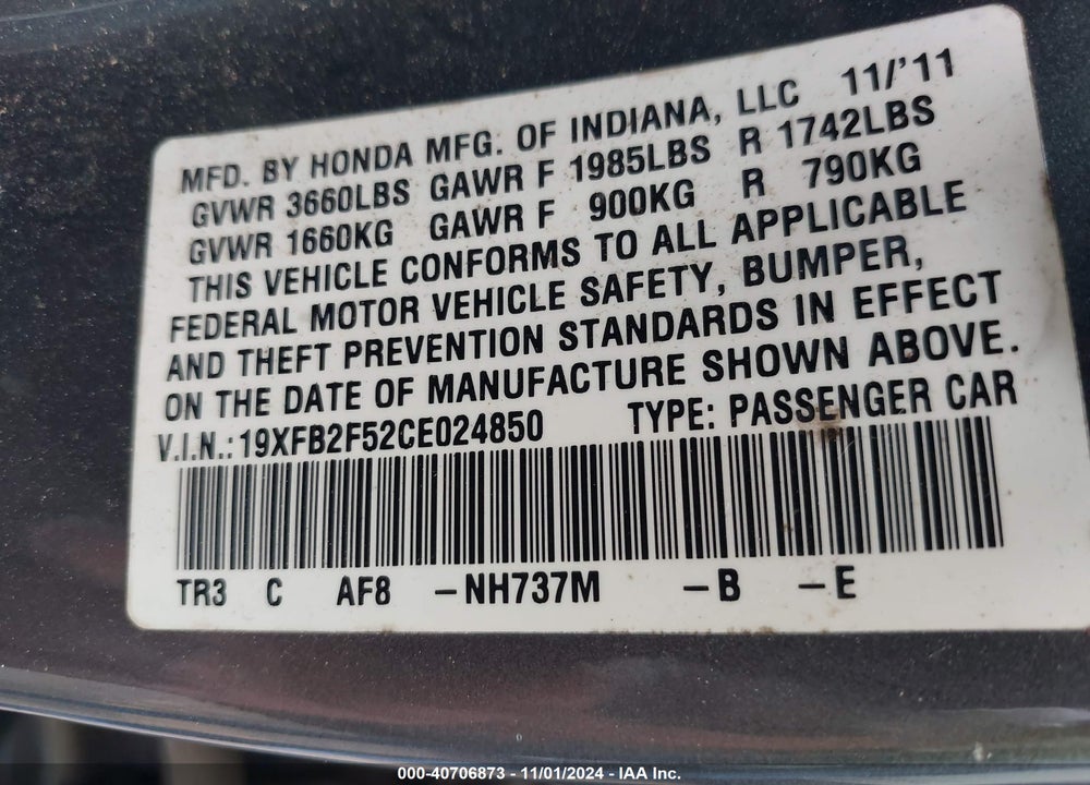 2012 HONDA CIVIC SDN LX VIN: 19XFB2F52CE024850