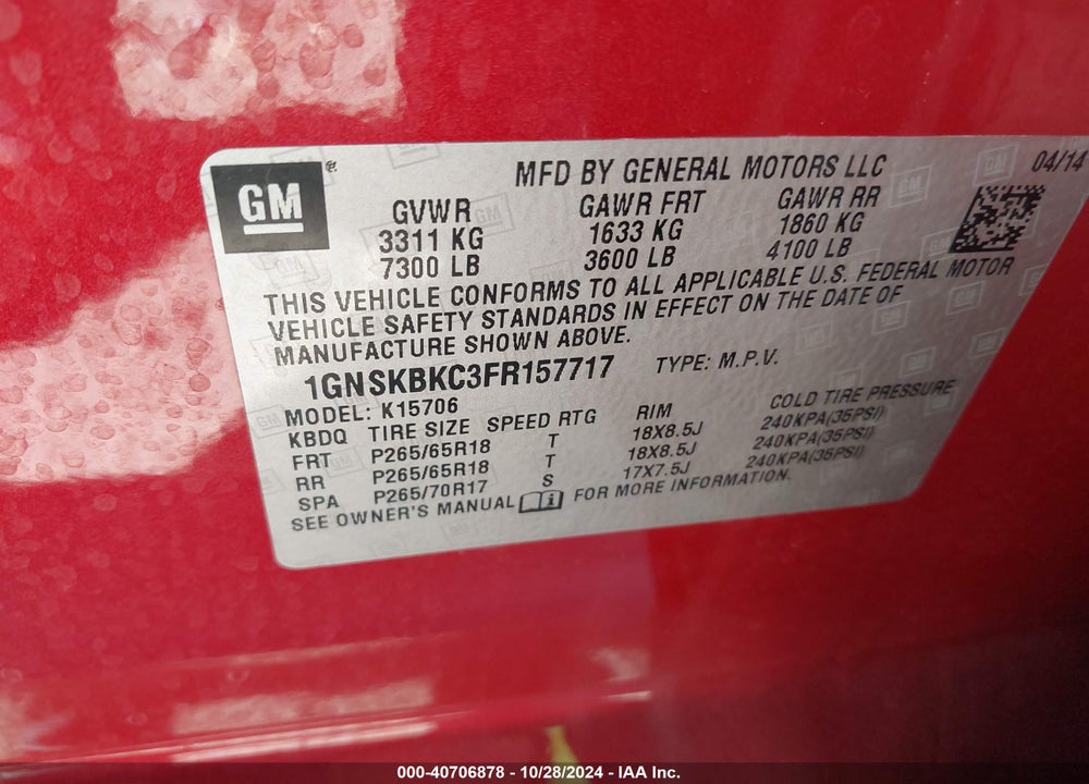 2015 CHEVROLET TAHOE LT VIN: 1GNSKBKC3FR157717