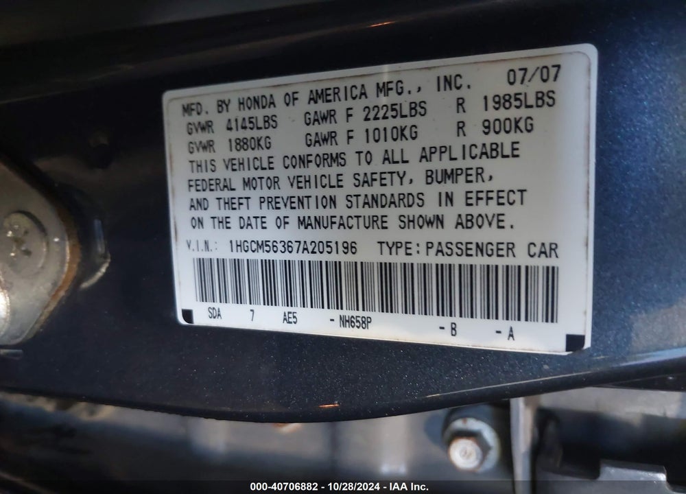 2007 HONDA ACCORD 2.4 SE VIN: 1HGCM56367A205196