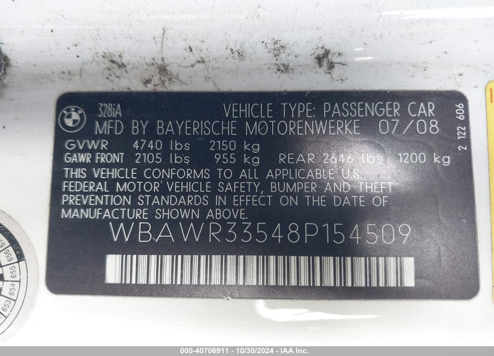 2008 BMW 328I VIN: WBAWR33548P154509