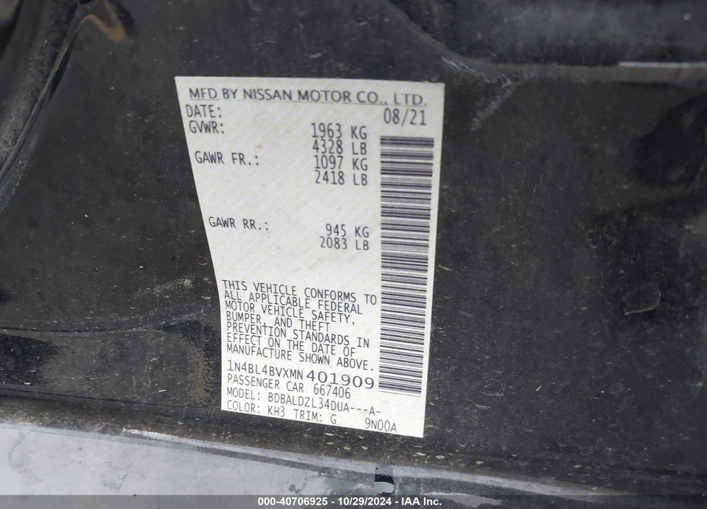 2021 NISSAN ALTIMA S VIN: 1N4BL4BVXMN401909