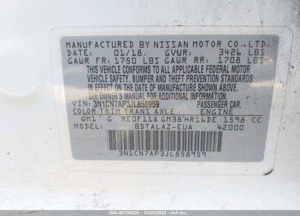 2018 NISSAN VERSA S/S PLUS/SV/SL VIN: 3N1CN7AP3JL858959