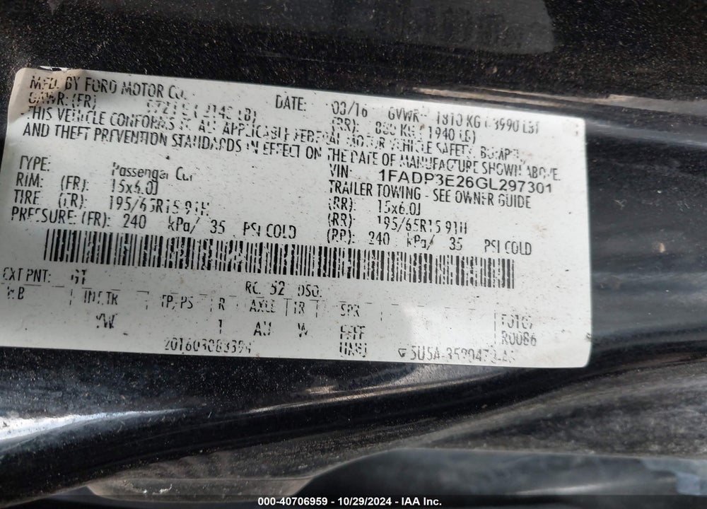 2016 FORD FOCUS S VIN: 1FADP3E26GL297301