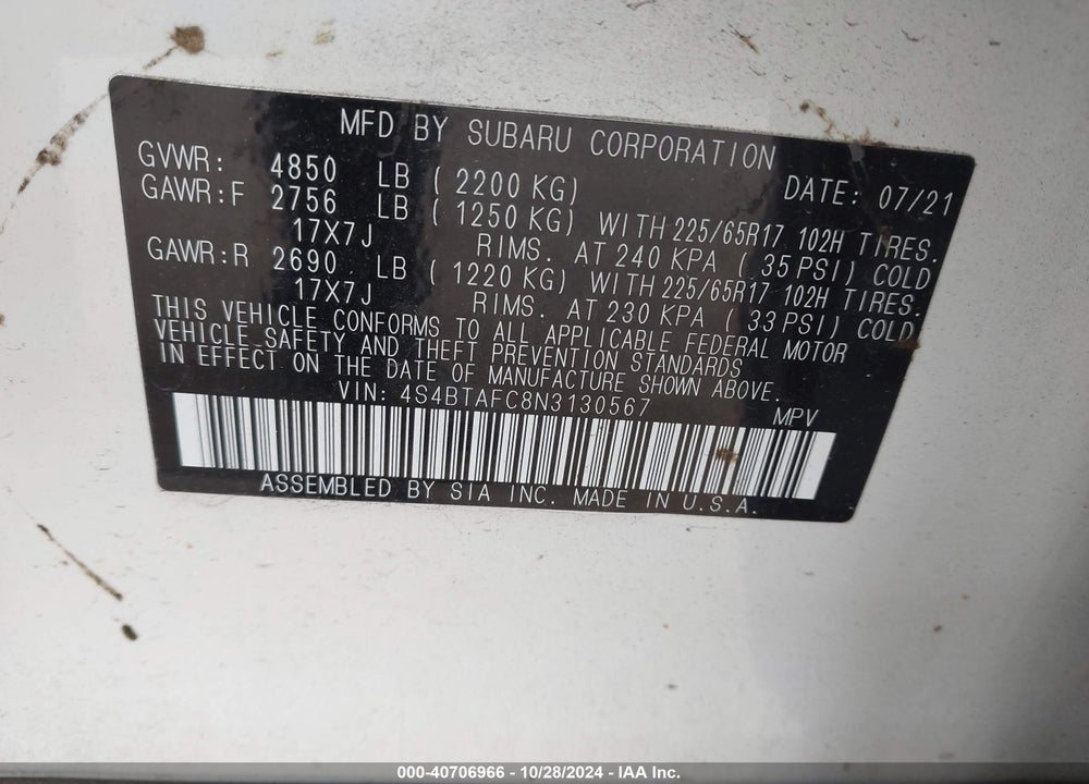 2022 SUBARU OUTBACK PREMIUM VIN: 4S4BTAFC8N3130567