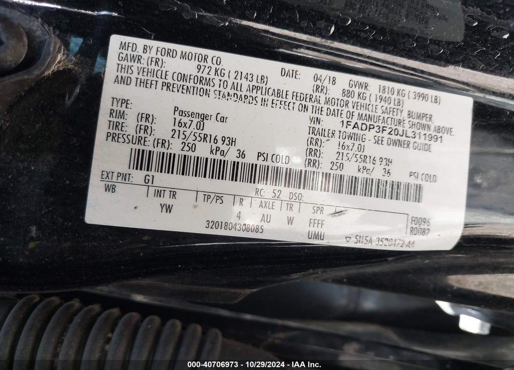 2018 FORD FOCUS SE VIN: 1FADP3F20JL311991