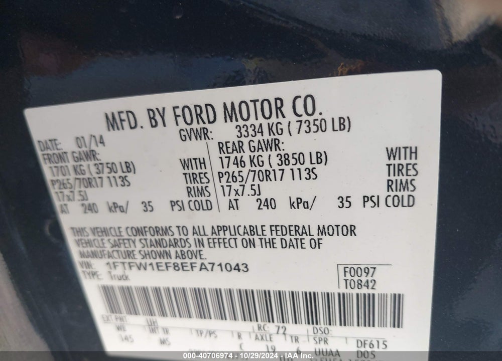 2014 FORD F-150 XLT VIN: 1FTFW1EF8EFA71043