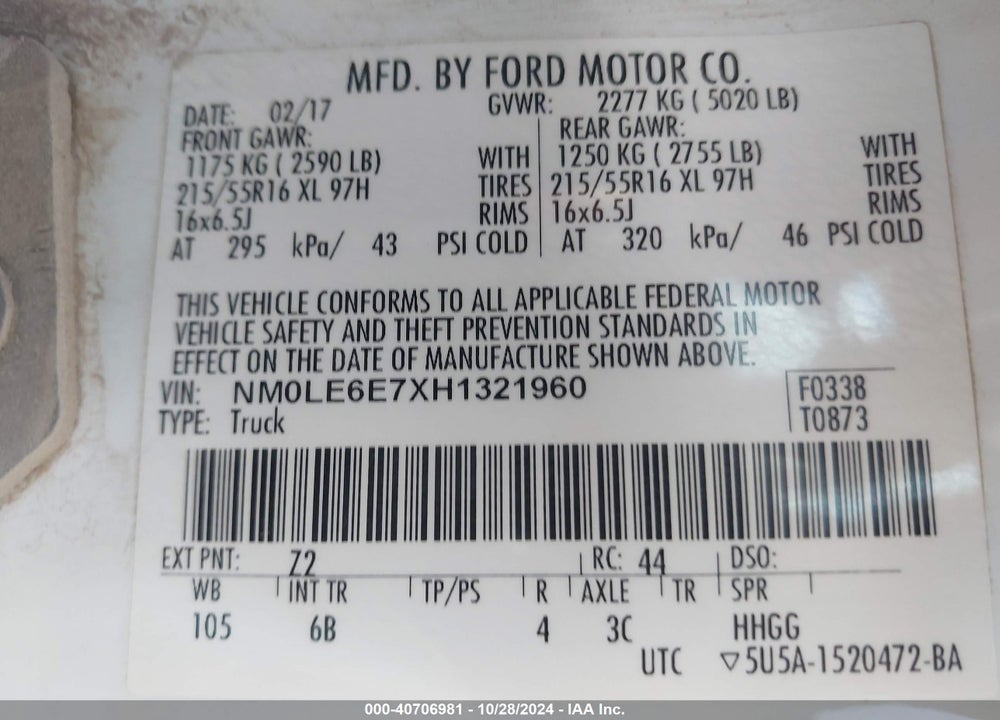 2017 FORD TRANSIT CONNECT XL VIN: NM0LE6E7XH1321960