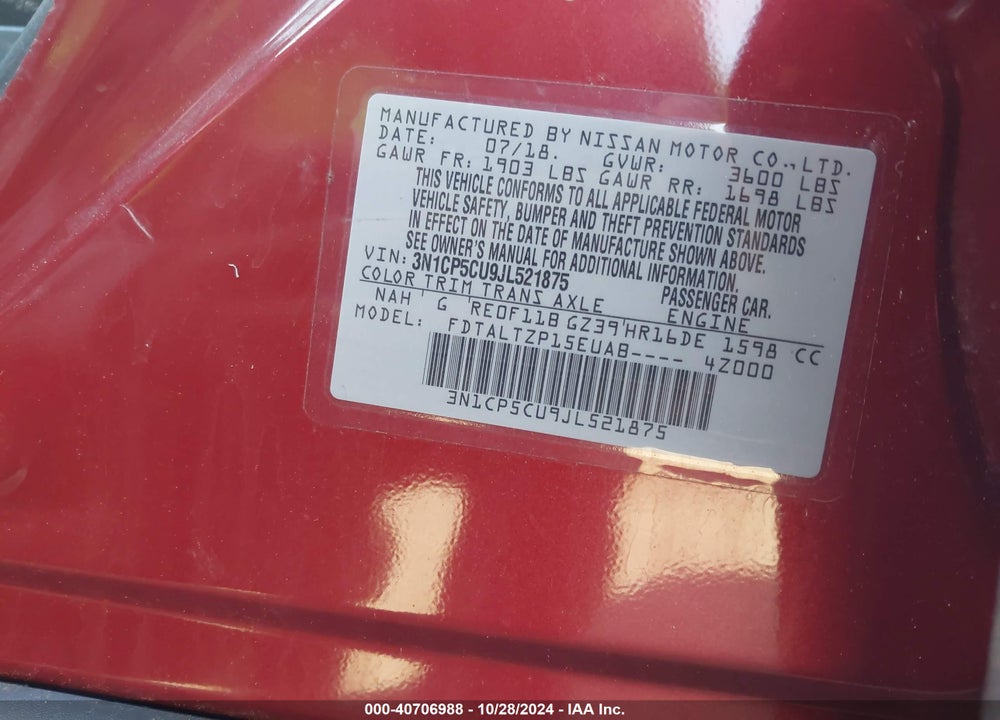 2018 NISSAN KICKS SR VIN: 3N1CP5CU9JL521875
