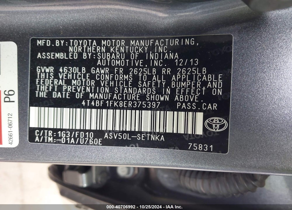 2014 TOYOTA CAMRY L/SE/LE/XLE VIN: 4T4BF1FK8ER375397
