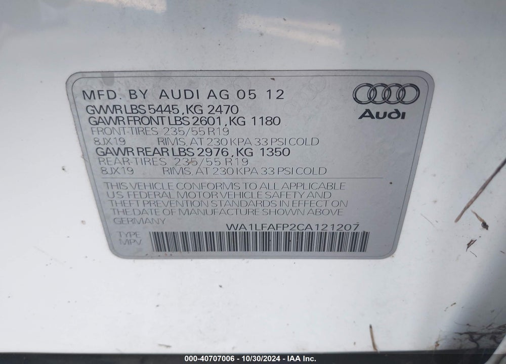 2012 AUDI Q5 2.0T PREMIUM VIN: WA1LFAFP2CA121207