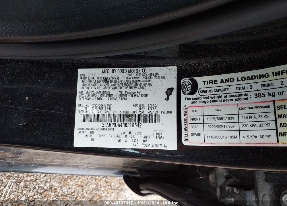 2011 FORD FUSION SEL VIN: 3FAHP0JA4BR318542