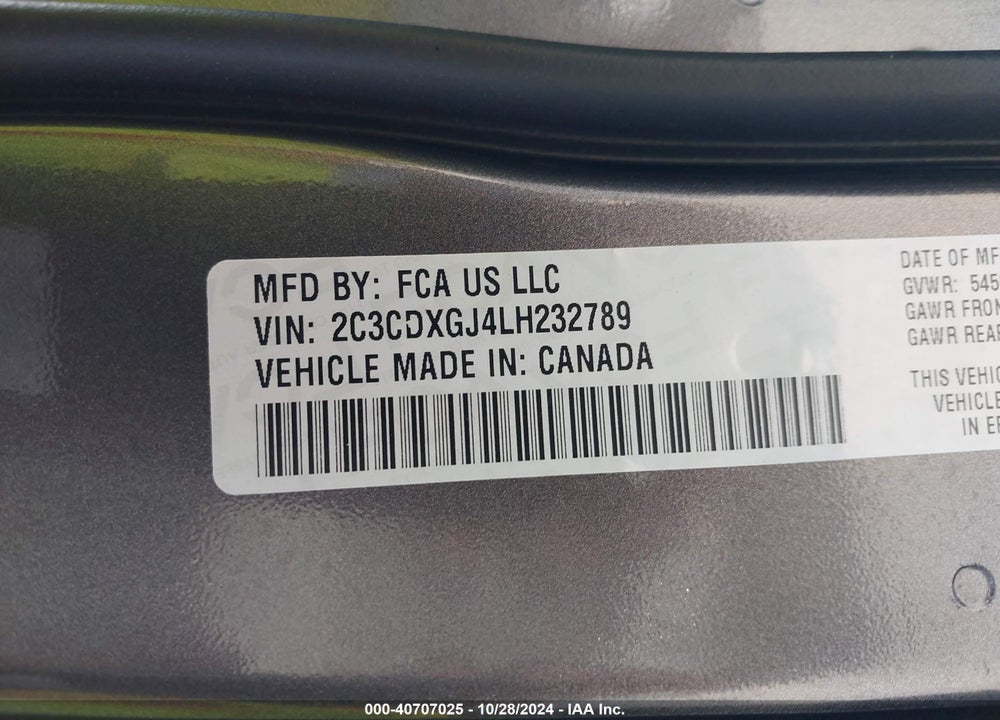 2020 DODGE CHARGER SCAT PACK RWD VIN: 2C3CDXGJ4LH232789