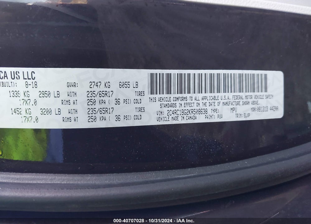 2019 CHRYSLER PACIFICA TOURING L VIN: 2C4RC1BG2KR508638