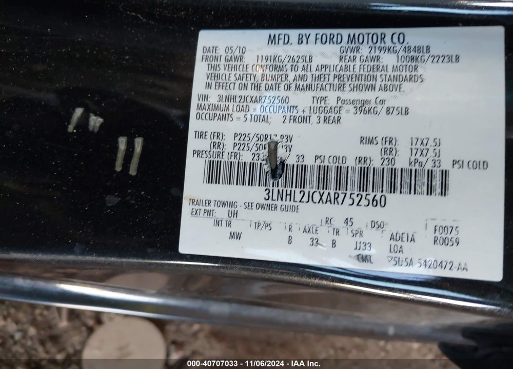 2010 LINCOLN MKZ VIN: 3LNHL2JCXAR752560