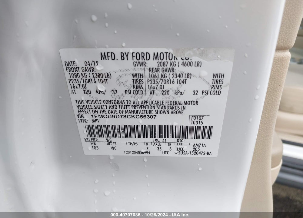 2012 FORD ESCAPE XLT VIN: 1FMCU9D78CKC56307