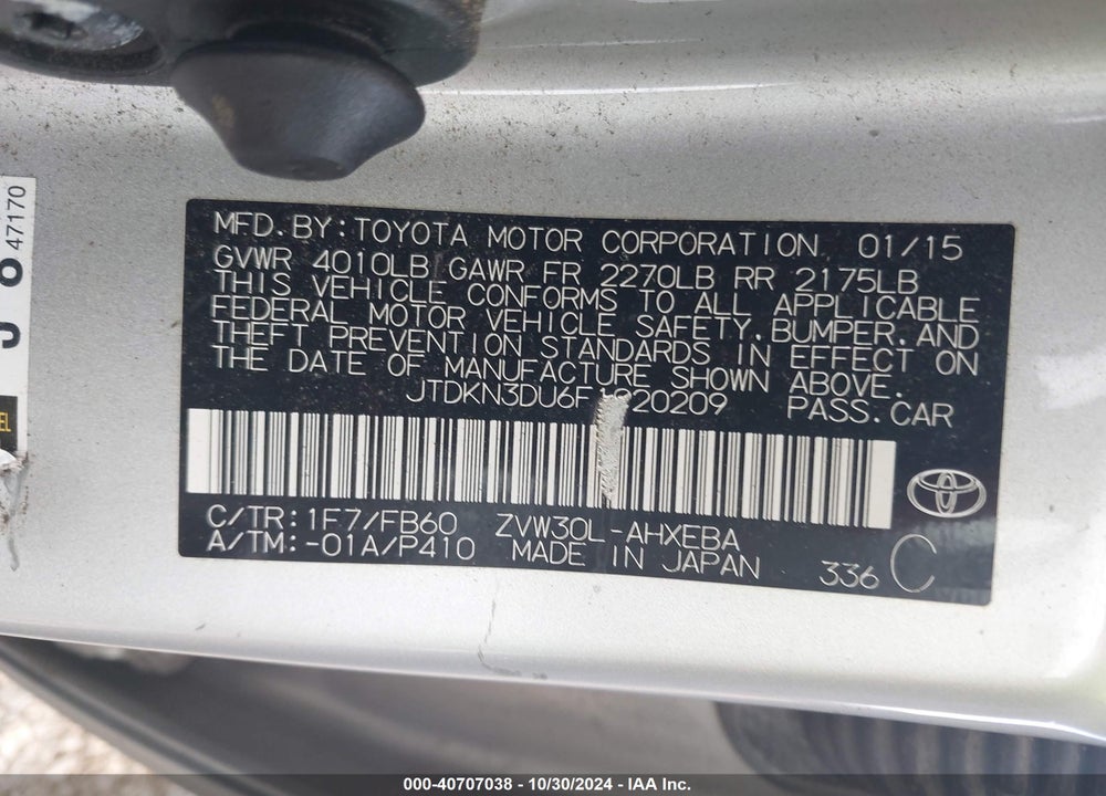 2015 TOYOTA PRIUS VIN: JTDKN3DU6F1920209