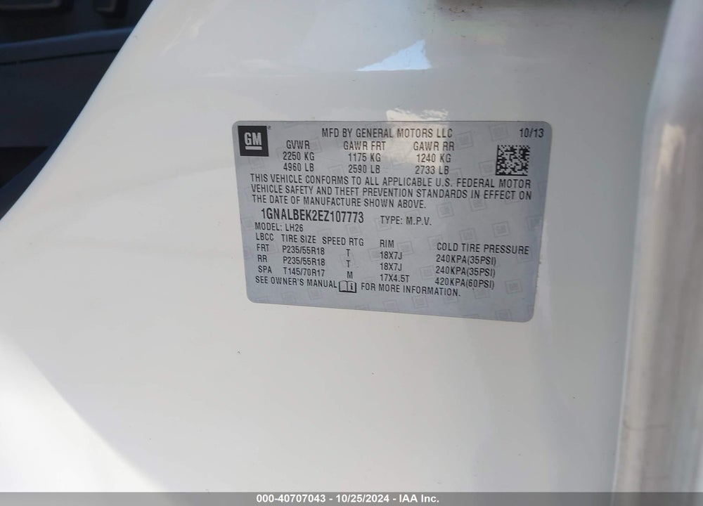 2014 CHEVROLET EQUINOX 1LT VIN: 1GNALBEK2EZ107773