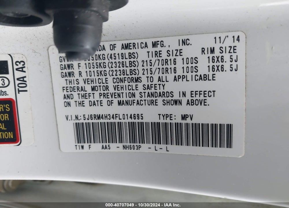 2015 HONDA CR-V LX VIN: 5J6RM4H34FL014695