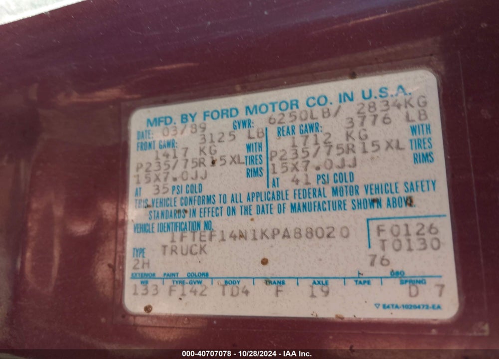 1989 FORD F150 VIN: 1FTEF14N1KPA88020