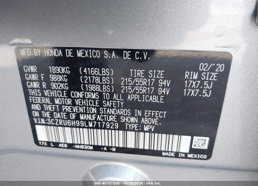 2020 HONDA HR-V AWD TOURING VIN: 3CZRU6H99LM717929