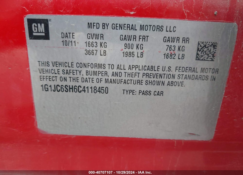 2012 CHEVROLET SONIC 2LT VIN: 1G1JC6SH6C4118450