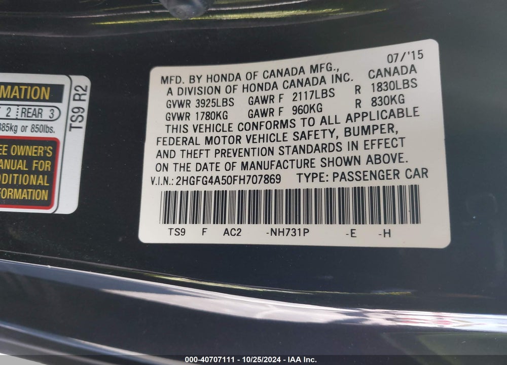 2015 HONDA CIVIC SI VIN: 2HGFG4A50FH707869