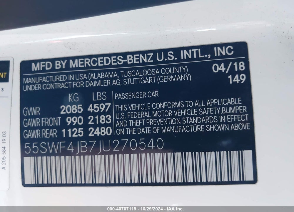 2018 MERCEDES-BENZ C 300 VIN: 55SWF4JB7JU270540
