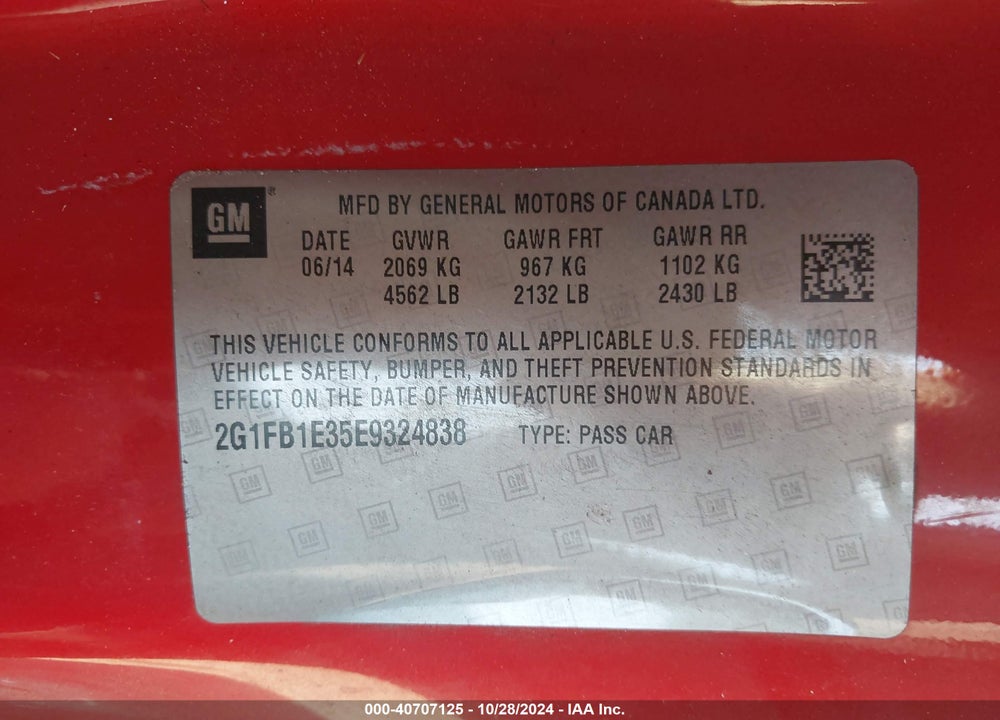 2014 CHEVROLET CAMARO VIN: 2G1FB1E35E9324838