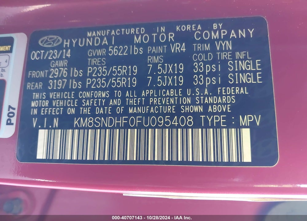 2015 HYUNDAI SANTA FE LIMITED VIN: KM8SNDHF0FU095408