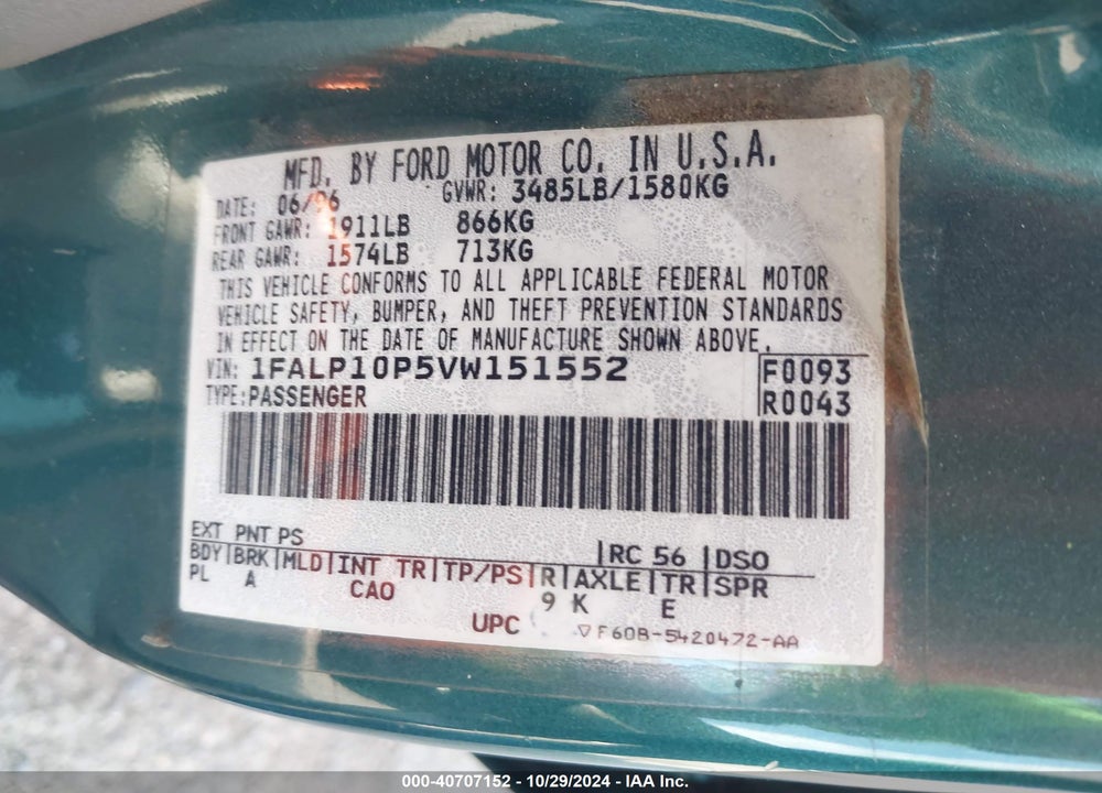 1997 FORD ESCORT VIN: 1FALP10P5VW151552