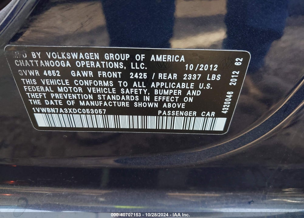 2013 VOLKSWAGEN PASSAT 2.0L TDI SE VIN: 1VWBN7A3XDC053057