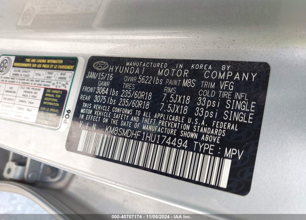 2017 HYUNDAI SANTA FE SE VIN: KM8SMDHF1HU174494
