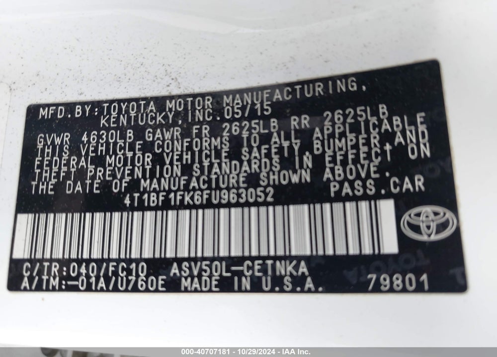 2015 TOYOTA CAMRY LE VIN: 4T1BF1FK6FU963052