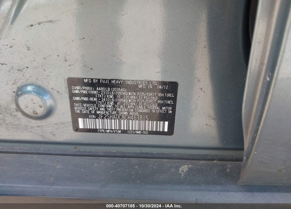 2012 SUBARU FORESTER 2.5X PREMIUM VIN: JF2SHADC8CH463815