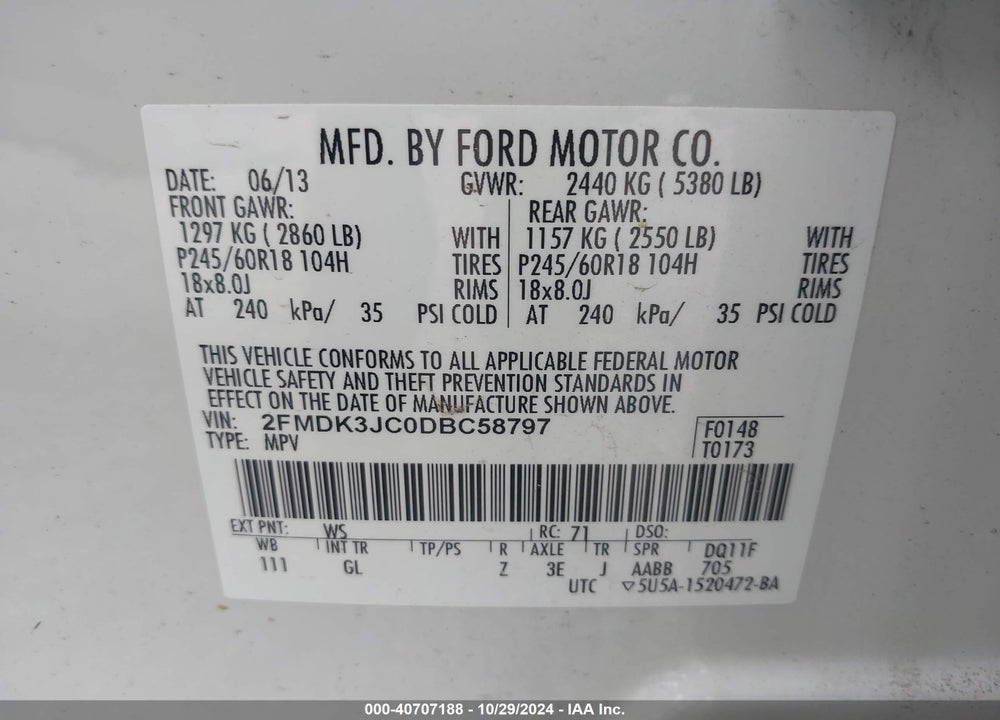 2013 FORD EDGE SEL VIN: 2FMDK3JC0DBC58797