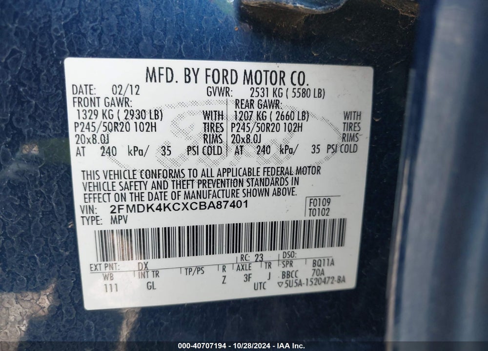 2012 FORD EDGE LIMITED VIN: 2FMDK4KCXCBA87401
