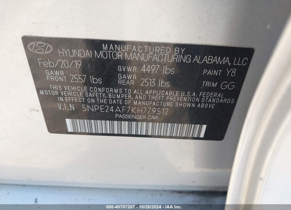 2019 HYUNDAI SONATA SE VIN: 5NPE24AF7KH779512