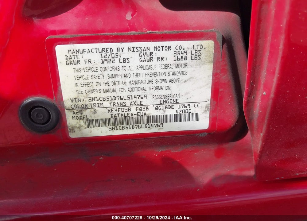 2006 NISSAN SENTRA 1.8S VIN: 3N1CB51D76L514769