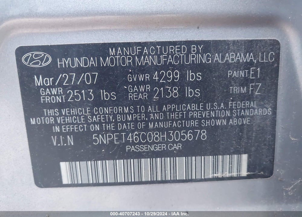 2008 HYUNDAI SONATA VIN: 5NPEC46C08H305678