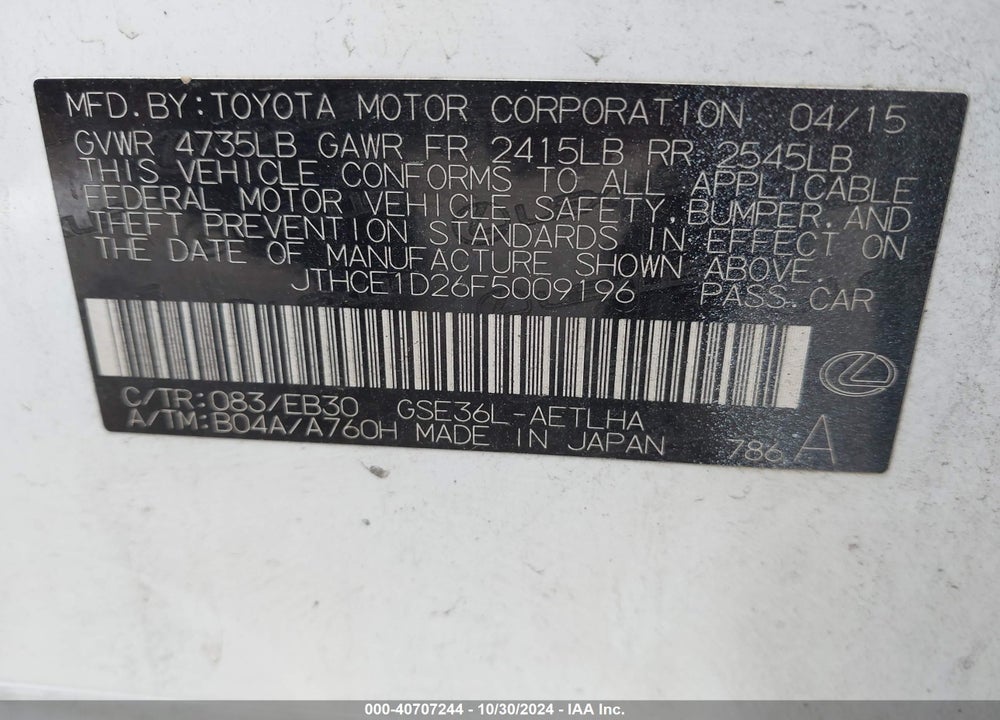 2015 LEXUS IS 350 VIN: JTHCE1D26F5009196