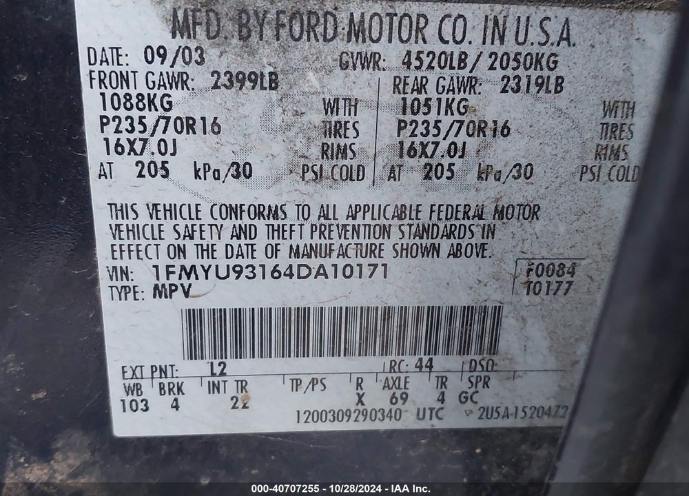 2004 FORD ESCAPE XLT VIN: 1FMYU93164DA10171