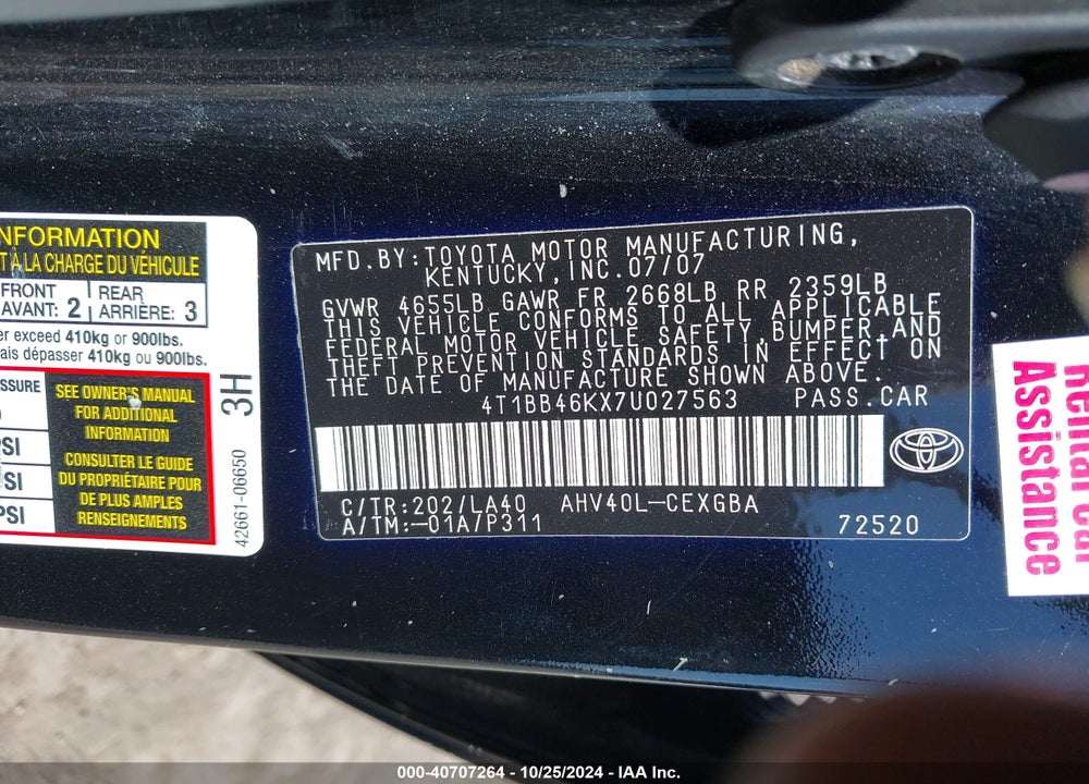 2007 TOYOTA CAMRY HYBRID VIN: 4T1BB46KX7U027563