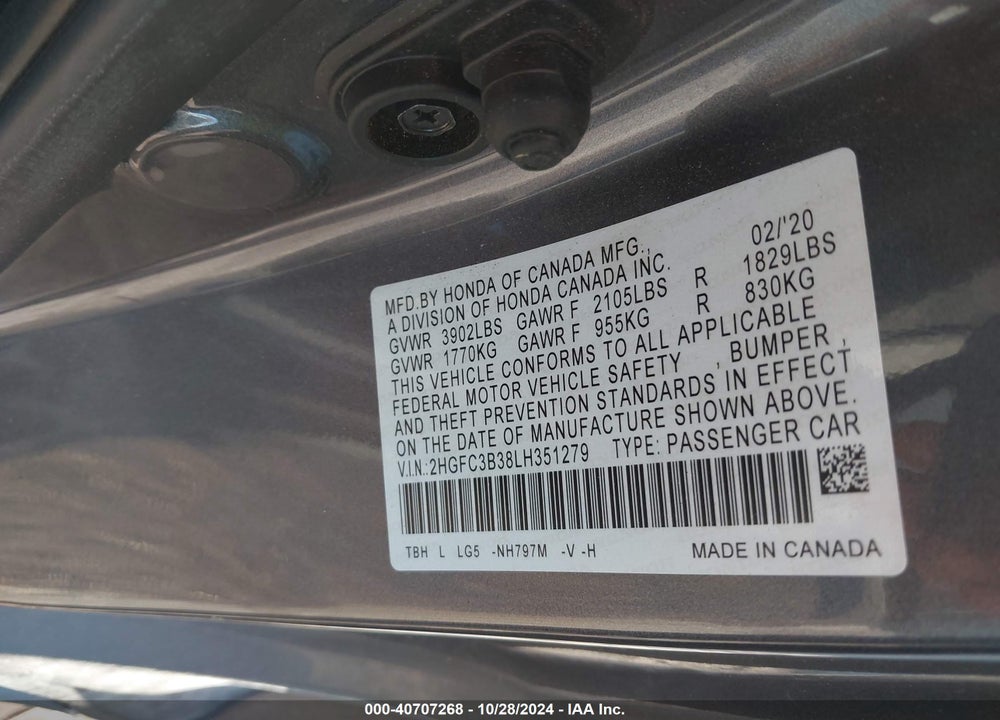 2020 HONDA CIVIC EX VIN: 2HGFC3B38LH351279