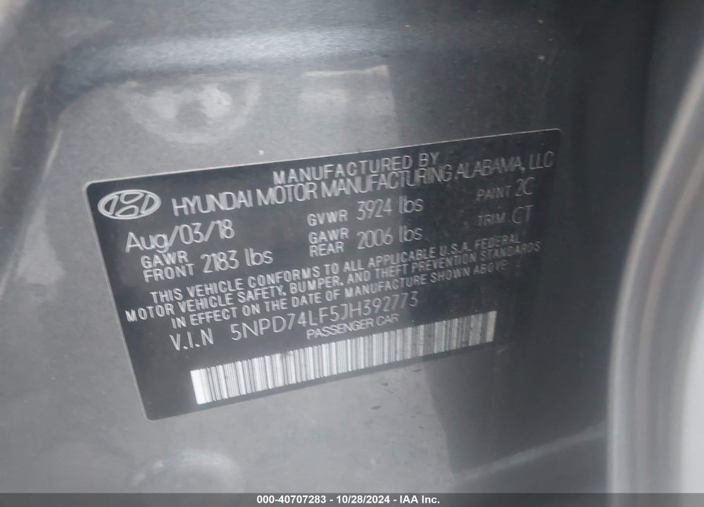 2018 HYUNDAI ELANTRA SE VIN: 5NPD74LF5JH392773