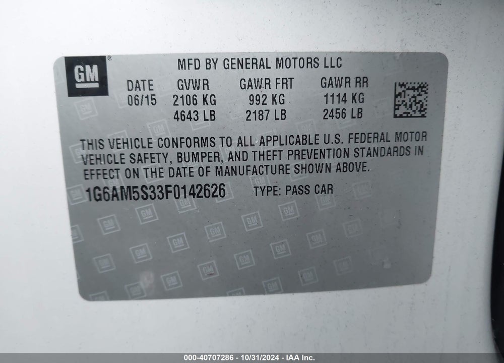 2015 CADILLAC ATS PREMIUM VIN: 1G6AM5S33F0142626