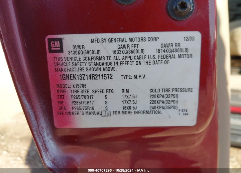 2004 CHEVROLET TAHOE LS VIN: 1GNEK13Z14R211572