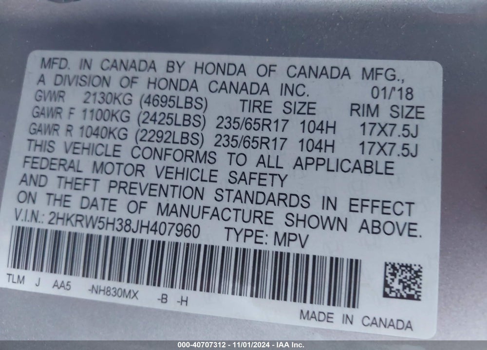 2018 HONDA CR-V LX VIN: 2HKRW5H38JH407960